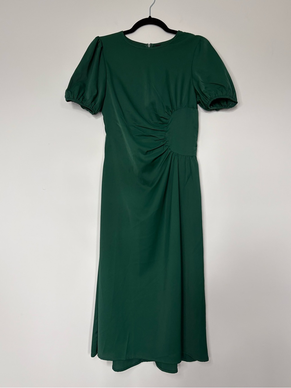 SHEIN Emerald Green Midi Dress Puffy Short Sleeves Size S Ruched Cottagecore